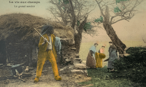 Old French postcard caricaturing rural life, showing man with arm outstretched and three women looking fearful. Text reads 'Le grand sorcier' (The great witch).