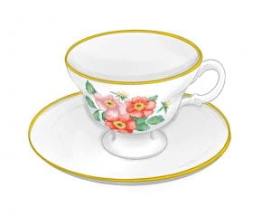 Illustration of a china cup decorated in a flower pattern