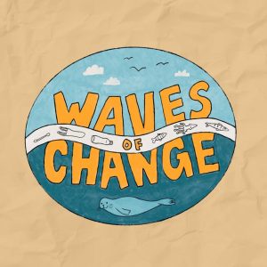 Waves of Change logo depicting ocean creatures and plastics