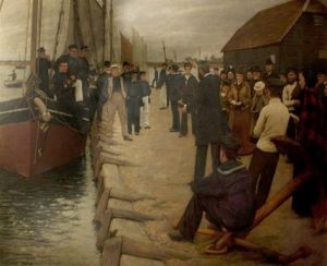 A painting by Henry Herbert La Thangue depicting dockside evanglising, with sailors and missionaries.