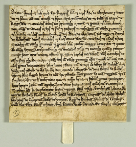 13th-century deed from Kingswood Abbey, Gloucestershire showing ornate script.